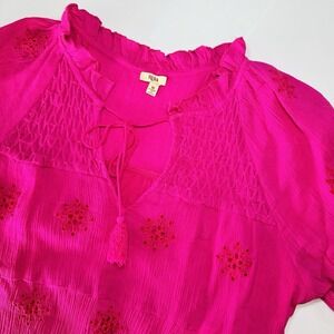 Reba Women's Boho Peasant Blouse Pink Embroidered Tie Neck Raglan Sleeve Size M
